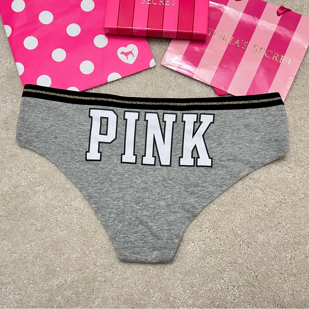 New Victoria’s Secret PINK Gray Cotton Logo Back Low Rise Hipster Panties Large